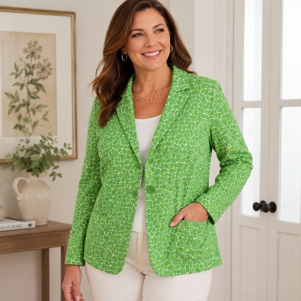 Talbots Woman 1X Green Floral Knit Blazer Jacket Plus Size Cottagecore Preppy